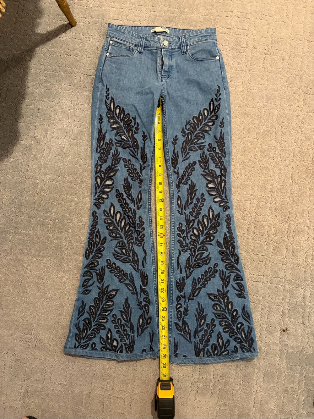 Alice + Olivia Light Blue Flare Jeans with Black Embroidery Limited Edition - Picture 2 of 8